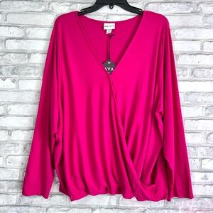 Ava & Viv Women’s Plus Size Fucsia Pink Stretch Long Sleeve V-Neck Wrap Top NWT